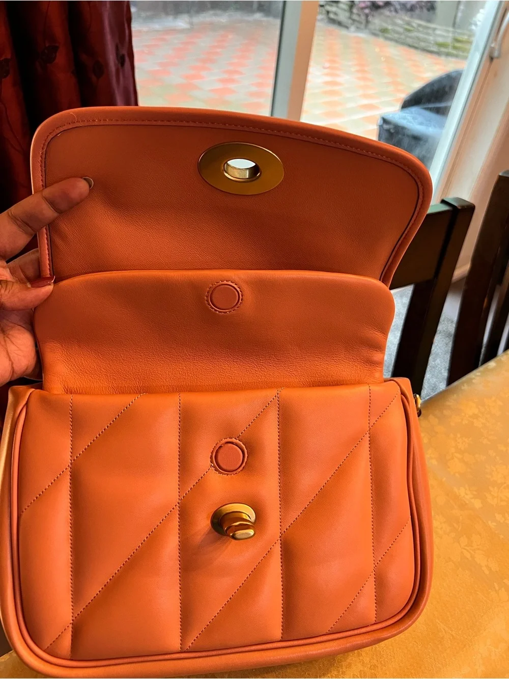 Coach Quilted Leather Shoulder Bag in Coral Orange with Gold Chain